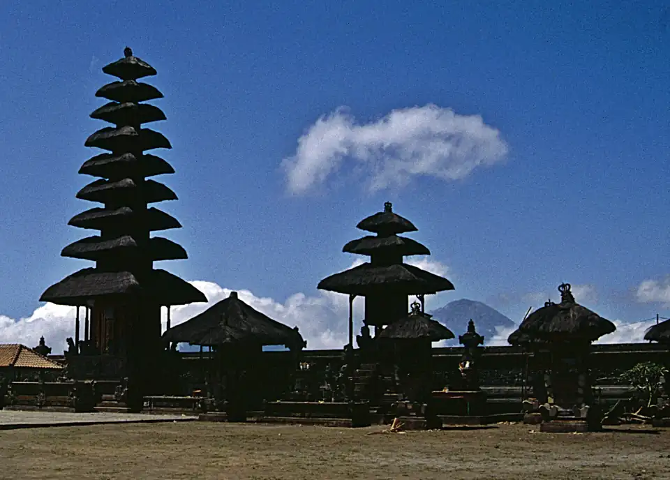 Meru towers of Pura Ulun Danu Batur against the sky