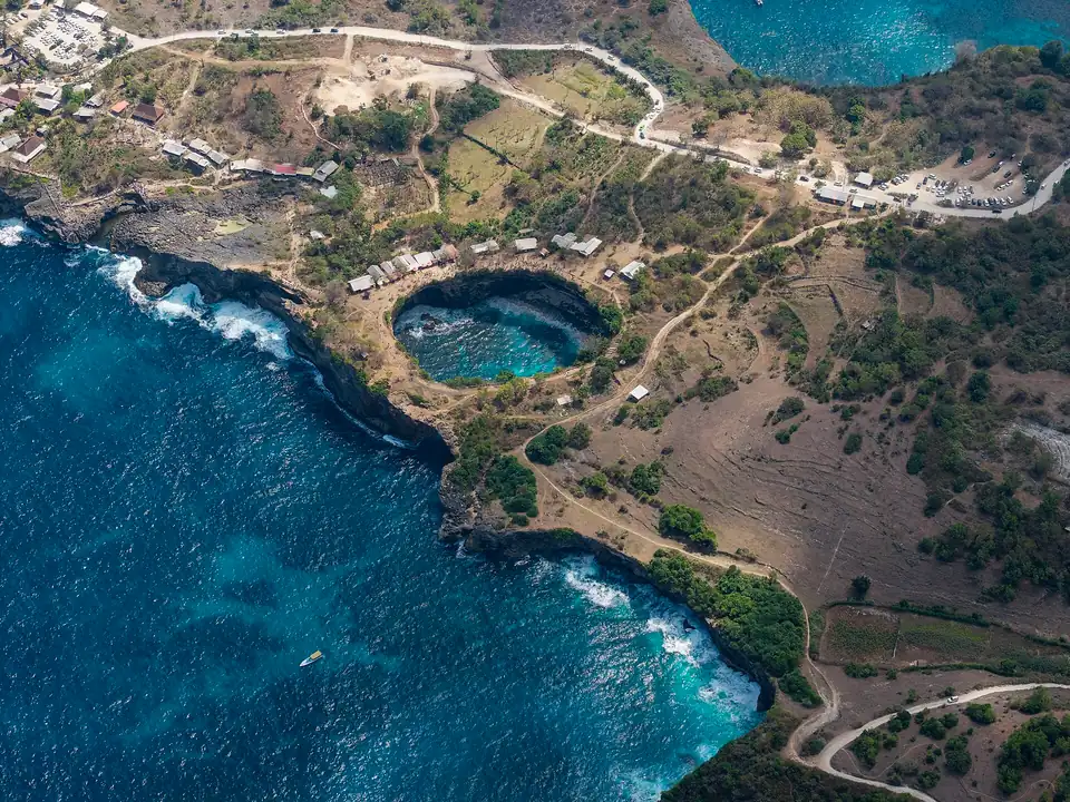 Broken Beach from the air, the cove ringed by cliff