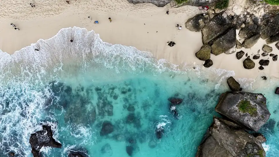 Diamond Beach from the air, the sand between the rocks