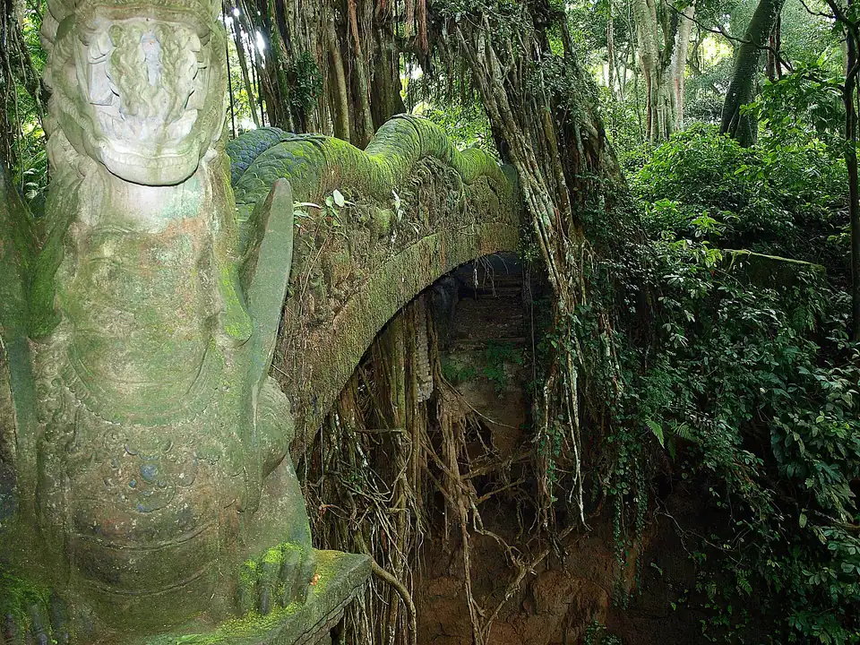 Moss-covered statues in the Monkey Forest