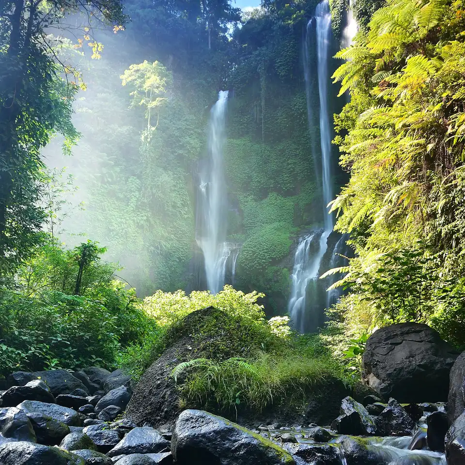 Sekumpul's falls and the boulder-strewn river below them