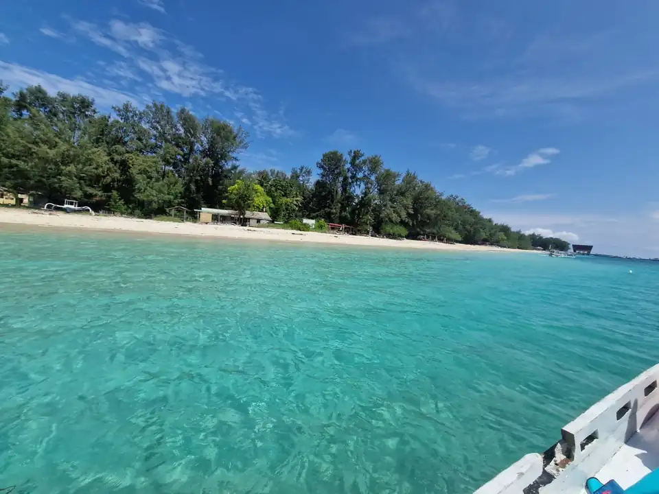 Beach huts under the treeline behind a shallow reef flat