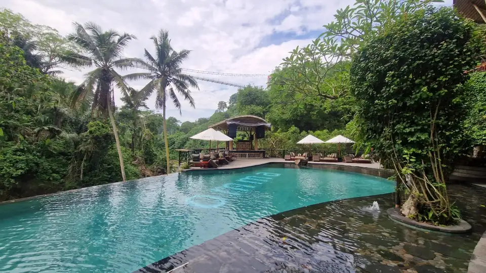 Loungers beside a jungle pool below a suspension bridge over the gorge