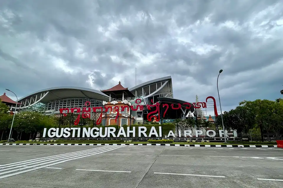 The I Gusti Ngurah Rai Airport sign outside the terminal in Bali