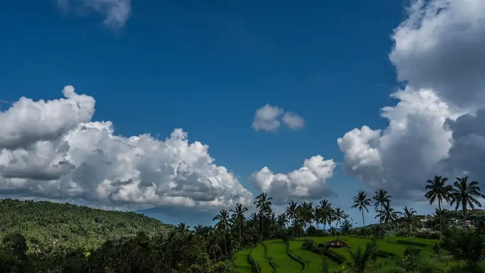 The temple terraces and green hills around Ubud, where Balinese ritual life continues year-round