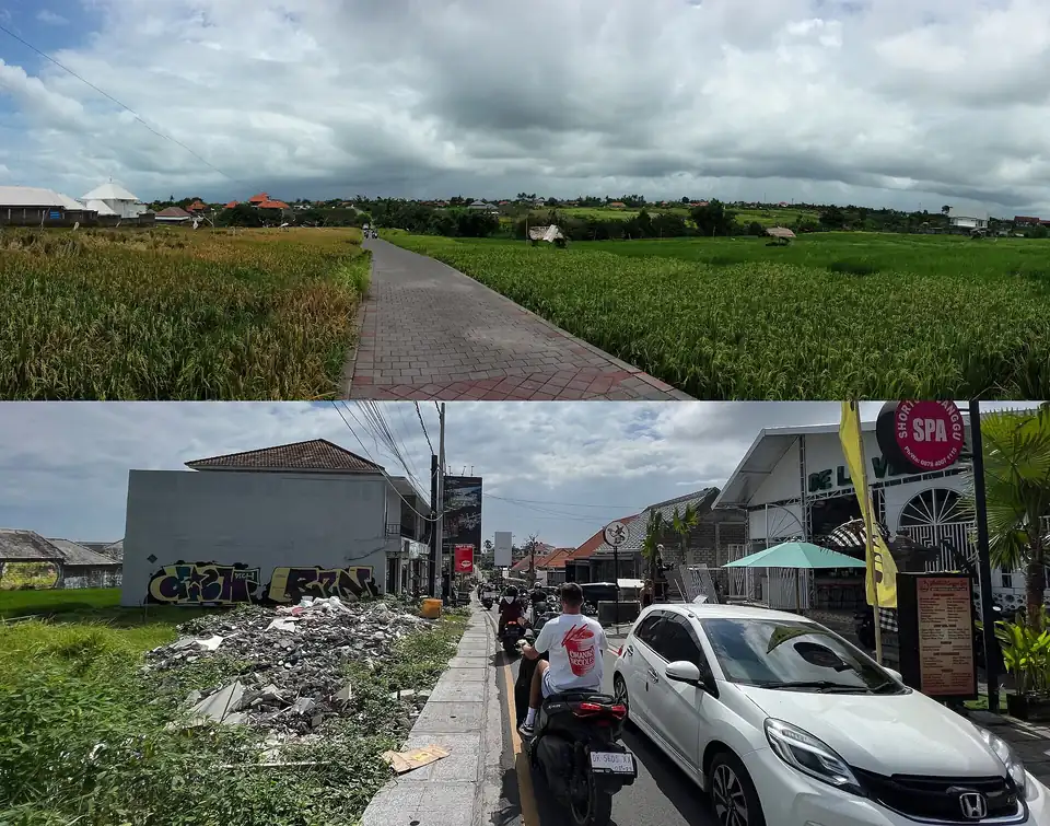 The Canggu shortcut road ten years apart, its rice fields replaced by building