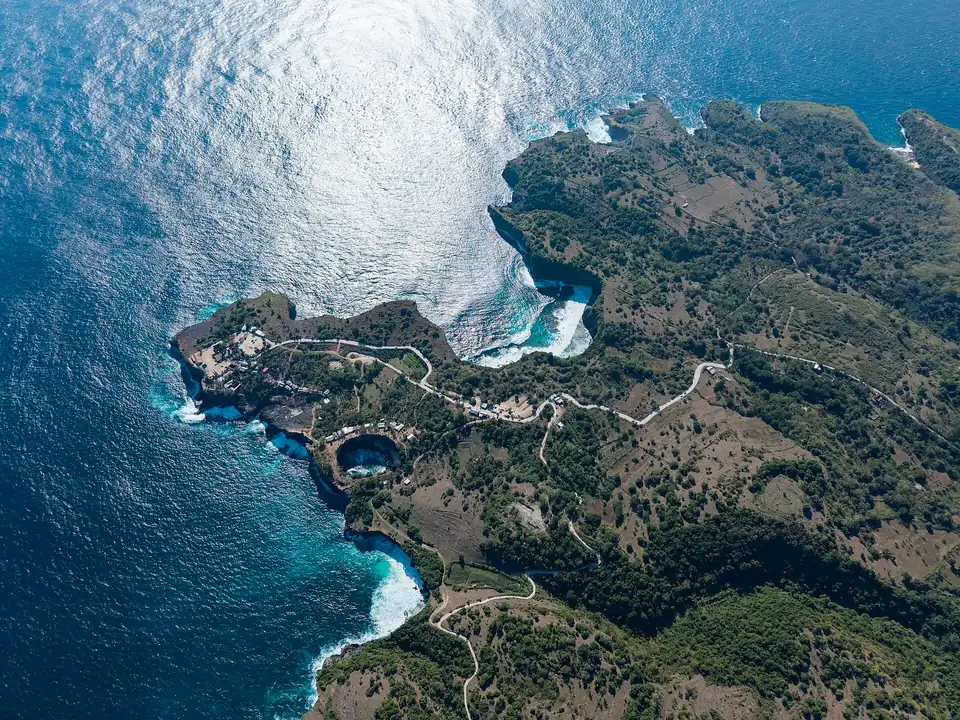 Broken Beach from the air, the sea arch and the enclosed cove