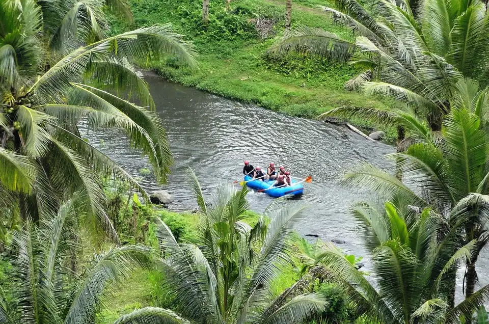 A raft on the Ayung river in its palm-filled valley below Ubud