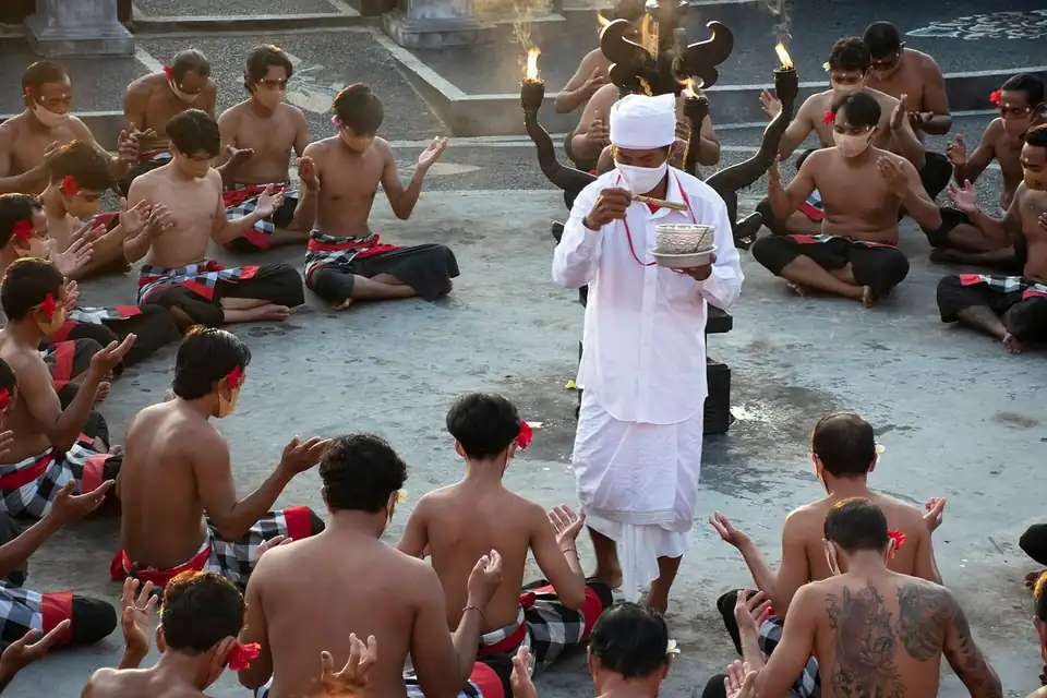 The seated chorus of a Kecak performance at Uluwatu